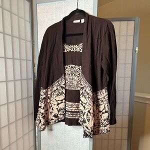 Chico's Brown and Cream Open-Front Patterned Long Sleeve Cardigan
